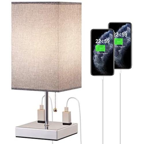 Bedside Table Lamp, Nightstand Lamp with 2 Useful 2-Prong A/C Outlets, Small Desk Light with Gray Square Fabric Shade, Grey Small Lamp for Bedroom Living Room Home Office（Bulb not Included)