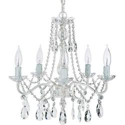 Amalfi Decor 5 Light LED Crystal Beaded Chandelier, Mini Wrought Iron K9 Glass Pendant Light Fixture Vintage Nursery Kids Room Dimmable Plug in Hanging Ceiling Lamp, Whitewashed