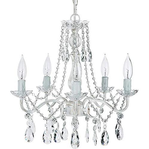 Amalfi Decor 5 Light LED Crystal Beaded Chandelier, Mini Wrought Iron K9 Glass Pendant Light Fixture Vintage Nursery Kids Room Dimmable Plug in Hanging Ceiling Lamp, Whitewashed