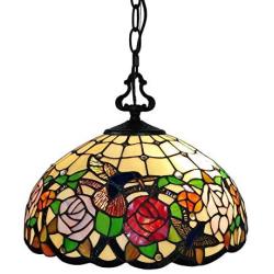 Tiffany Style Hanging Pendant Lamp 16'' Wide Stained Glass White Humminbird Antique Vintage 2 Light Decor Bedside Restaurant Living Dining Room Kitchen Bedroom Gift AM019HL16B Amora Lighting