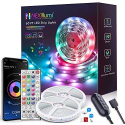 60ft LED Strip Lights with Remote Music Sync LED Lights for Bedroom App Control Color Changing SMD5050 RGB LED Light Strips for Desk, Dorm, Under The Cabinet, TVs, Rooms(APP+Remote+Mic+Button Switch)