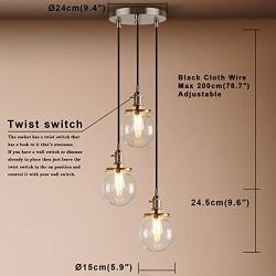 Pathson Industrial Island Pendant Lights, 3-Lights Dining Pendant Lighting with Globe Glass, Vintage Hanging Lamp Fixtures for Kitchen Living Room Bedroom (Brushed Steel)