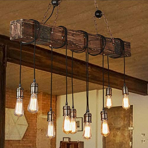 10 Lamps Retro Wooden Chandelier Old-Fashioned Country Chandelier Industrial Hanging Light Can Be Adjusted Freely Old Wooden Chandelier Suitable for Dining Table Kitchen Bar Island Billiard Room