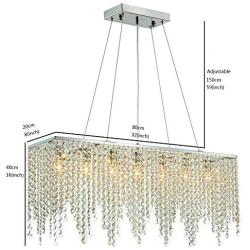 Modern Linear Rectangular Crystal Chandelier Lighting Fixture, 7×E27 Lights, 32 Inch Rain Drop Chandelier Pendant Light for Dining Room Living Room Foyer