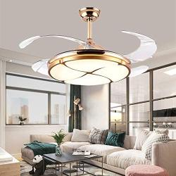 TFCFL 42'' Ceiling Fan Light, Modern Invisible Fan Chandelier with Remote Acrylic Retractable Dimmable LED lights for Home Decoration Living Room Bedroom Dining Room (Gold)