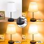 Touch Control Table Lamp, 3 Way Dimmable Nightstand Lamps with 2 USB Charging Ports, Fabric Shade Modern Beside Desk Lamp for Bedroom Living Room, 6W 2700K E26 LED Edison Bulbs Included
