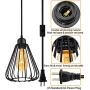 Industrial Plug in Pendant Light E26 Vintage Hanging Cage Pendant Lighting, Black Cage Pendant Light Fixture with On/Off Switch, Farmhouse Hanging Pendant Lights for Kitchen Dining Room Living Room