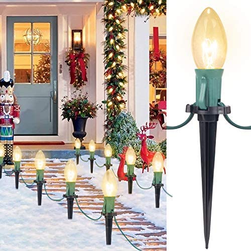 C9 Christmas Pathway String Lights, 25.7 Feet. 20 Clear Lights and 20 Stakes Extendable Waterproof for Outdoor Walkway Lights Driveway Christmas Lights Use, UL Listed, Warm White