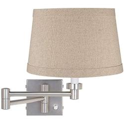 Modern Swing Arm Wall Lamp Brushed Nickel Plug-in Light Fixture Natural Linen Drum Shade for Bedroom Bedside Living Room Reading - Possini Euro Design