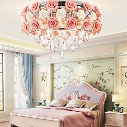 LUOLAX Romantic Ceramic Rose Flower Chandelier Modern Crystal Pendant Lamp Flush Mount Hanging Ceiling Fixture for Girl Bedroom/Living Room/Restaurant/Dining Room Decoration, Pink(Dia 19.68Inch)