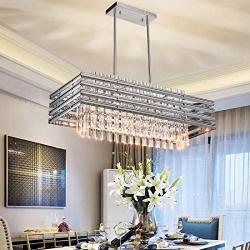 TZOE Dining Room Chandelier,Modern Rectangle Pendant Light,Crystal Chandelier,L29.1'' x W11.4'' x H48.5'',6 Light, Adjustable Height,Polished Chrome,UL Listed