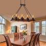 Rustic 8-Light Chandelier Rectangle Wood Farmhouse Pendant Light Fixture for Dining Room Kitchen Island Pool Table