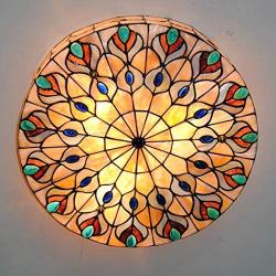 Vintage Tiffany Style Flush Ceiling Light, 20 Inch Stained Glass Chandelier, Hand-Made Lampshade with Pearl Decor Lampshade, Art Shell Decor Chandelier Ceiling Lamp for Bedroom Living Room