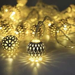 LED Globe String Lights, Decorative Moroccan Orb, 40 Silver Metal Balls, Bright Warm Light, Battery Powered, for Indoor and Outdoor, 16ft