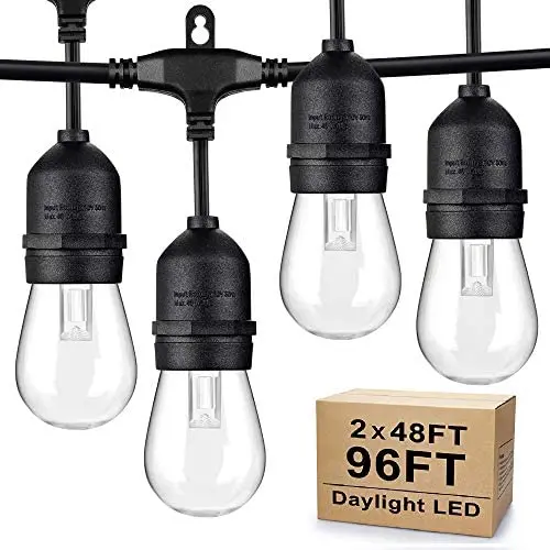 2-Pack Dimmable LED Outdoor String Lights for Patio, IP65 Waterproof Hanging Edison Bulbs, 5000K Daylight White, 48ft Commercial Grade Cafe Lights String for Christmas Holiday Party (Total 96ft)