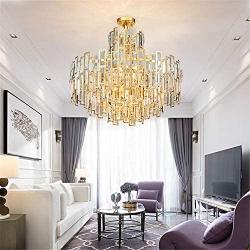 RUNNUP Tiered Pendant Chandelier Contemporary Crystal 8 Lights Gold Ceiling Suspension Lamp for Dining Room Kitchen Living Room Bedroom 23.5'' Wide