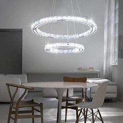 Finktonglan Crystal Modern Chandelier Lighting LED 2 Rings Acrylic Adjustable Stainless Steel Contemporary Pendant Light Fixture for Dining Room Living Room (Cool White)