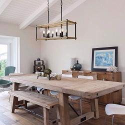 Farmhouse Chandelier for Dining Rooms, Faux-Wood Kitchen Island Lighting, Rectangular Hanging Light Fixture for Kitchen, Living Rooms and Hallway