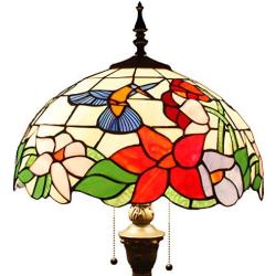 Tiffany Style Floor Standing Lamp W16H64 Inch Tall Stained Glass Hummingbird Design Lampshade 2E26 Antique Reading Light Resin Base S101 WERFACTORY Lamps Bedroom Living Room Bedside Table Lover Gifts