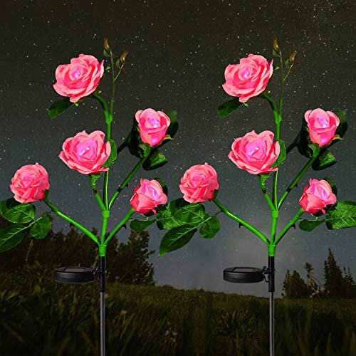 HeyMate Solar Garden Lights Outdoor 2 Pack Solar Pink Rose Flower Lights with 10 Roses Solar Christmas Decorative Lights Waterproof for Patio,Backyard,Yard,Pathway,Xmas Decorations