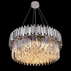 MEEROSEE Modern Crystal Chandelier Lighting Chrome Pendant Lights Fixture with Stainless Steel Shade Island Chandeliers Ceiling Dining Room Living Room Contemporary Kitchen Dimmable 12-Lights