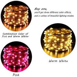 ER CHEN Dimmable USB String Lights, 33ft 100 LED Warm White & Pink Color Changing Fairy Lights with Remote&Timer, 8 Modes Silver Coated Copper Wire Lights for Bedroom, Patio, Party