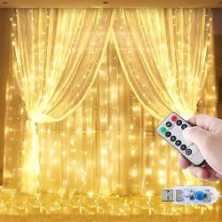 ZHEWEN Curtain Lights 304 LED 9.8 x 9.8Ft Warm White Fairy Lights with 8 Modes and Remote USB Powered String Light Plug in for Wall Decoration and Girls Bedroom Children Indoor Outdoor Christmas Party