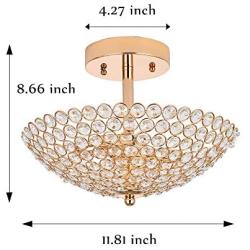 POPILION Elegant 2 Light Bowl Shaped French Gold Metal Crystal Chandelier,Flush Mount Ceiling Light Fixture