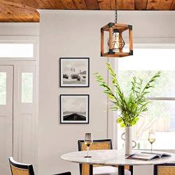 Farmhouse Chandelier Small Rustic Pendant Lighting Fixture for Dinning Room, Kitchen Island, Living Room, Entryway, with Wood&Metal Cage Square 7.9, 1 Light DOHOMER