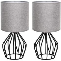 HAITRAL Modern Table Lamps Set of 2 - Black Metal Bedside Lamps for Bedroom, Living Room, Bedside Table, Lamp Set with Hollowed Out Base and Gray Fabric Shade