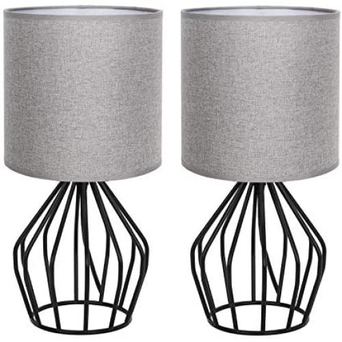 HAITRAL Modern Table Lamps Set of 2 - Black Metal Bedside Lamps for Bedroom, Living Room, Bedside Table, Lamp Set with Hollowed Out Base and Gray Fabric Shade