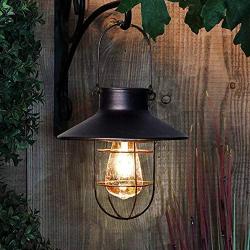 pearlstar Solar Lantern Outdoor Hanging Light Rustic Solar Lamp with Warm White Edison Bulb Design for Garden Yard Patio Proch Decor(Black)