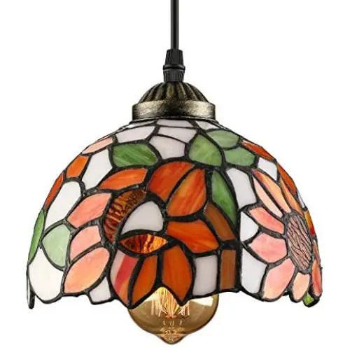 LITFAD Elegant Tiffany Style Pendant Light with Oversize Sunflower Pattern One-Light LED Ceiling Hanging Pendant Lamp Chandelier for Kitchen Island Dining Room Restaurant - D