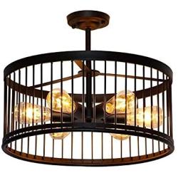 Retro Vintage Ceiling Light Creative Round Black Iron Drum Design Industry Wind Pendant Light for Bedroom Living Room Kitchen Dining Room Study Bar Aisle Balcony Loft Chandeliers,D46,6E27, A