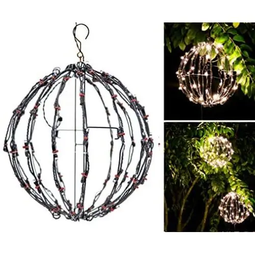 Elf Logic - 12'' Outdoor LED Light Ball - Hanging Tree Globe Light - Use as Outdoor Light Ball - Fold Flat Metal Ball Light Frame (Plug in with Timer, 12 Inch)