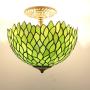Tiffany Ceiling Light Fixture W12H11 Inch Semi Flush Mount Green Stained Glass Wisteria Shade S523 WERFACTORY Lamps Lover Parent Dining Living Room Bedroom Study Entry Kitchen Island Bar Hallway Loft