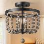 Bead Ceiling Light, Farmhouse Semi Flush Mount Light Fixture, Bohemian Wood Chandelier for Dining Room, Entryway, 12” L x 13.5” H