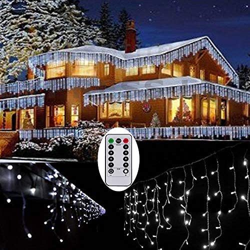 Outdoor Icicle Curtain Light Battery Powered Window Christmas Curtain Light 9.8ft Garland Hanging Outdoor Light for Indoor Xmas New Year Decor(White)