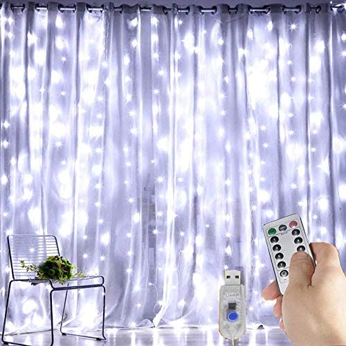 Led Curtain Fairy Lights with Remote 9.8ft x 9.8ft USB Window Curtain String Light 300leds 10 Strings for Bedroom Party Wedding Decoration (Cool White)