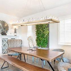 Siljoy Modern Rectangle Crystal Chandelier Gold Hanging Pendant Lighting LED Light Fixture with Metal Base Icicle Shade for Dining Table Kitchen Island Living Room, Length 39.3 Inches