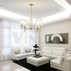 VINLUZ Contemporary 5 Light Large Brass Chandelier Lighting Modern Clear Glass Shades Pendant Lamp Brushed Brass Rustic Dining Room Lighting Fixtures Hanging Adjustable Wire Semi Flush Ceiling Lights