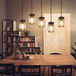 Wellmet Farmhouse Chandelier Glass Mason Jar Adjustable, 5-Lights Dining Room Lighting Fixtures Hanging Rustic Chandeliers with Wires for Kitchen Island Dining Room Living Room Cafe Pub