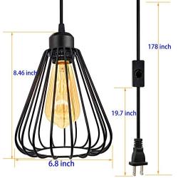 Industrial Plug in Pendant Light E26 Vintage Hanging Cage Pendant Lighting, Black Cage Pendant Light Fixture with On/Off Switch, Farmhouse Hanging Pendant Lights for Kitchen Dining Room Living Room