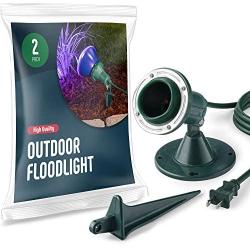 Outdoor Flood Light Holder [Set of 2] Floodlight Fixture With Stake & Wall Mount Base - Durable, Weather Resistant/Heavy Duty - ETL Listed 6-Ft Cord, Green Landscape Lamp. Use With 120 Volt PAR38 Bulb