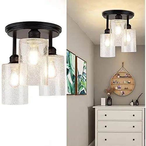 DLLT Semi Flush Mount Ceiling Light Farmhouse, Clear Glass Chandelier Ceiling Light Fixture with 3-Light for Dining Room, Hallway, Kitchen, Bedroom, Entryway, E26 Base Black