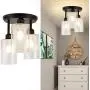 DLLT Semi Flush Mount Ceiling Light Farmhouse, Clear Glass Chandelier Ceiling Light Fixture with 3-Light for Dining Room, Hallway, Kitchen, Bedroom, Entryway, E26 Base Black