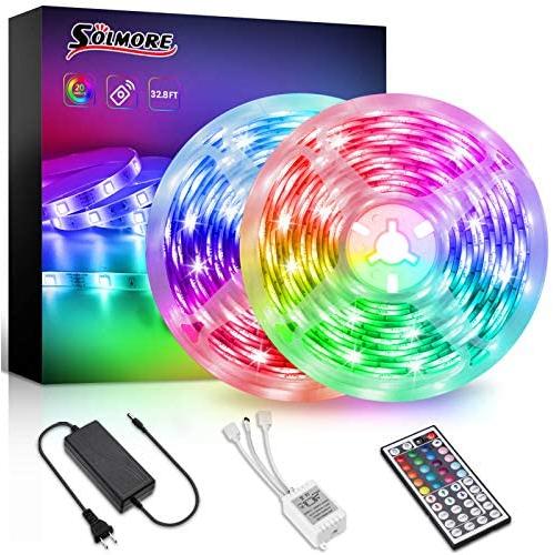 32.8FT/10M LED Strip Lights, SOLMORE RGB LED Strips Color Changing 300LED Light Strips Rope Lights DIY Color Options Strip Lights with 44-Key IR Remote for Bedroom Ceiling Under Cabinet