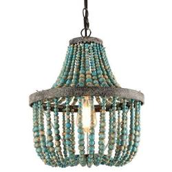 Giluta Wood Bead Chandelier Gray Blue Boho Style Hanging Bedroom Light Fixture Antique Pendant Ceiling Light for Nursery Room Girl Room Playroom. UL Listed