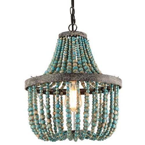 Giluta Wood Bead Chandelier Gray Blue Boho Style Hanging Bedroom Light Fixture Antique Pendant Ceiling Light for Nursery Room Girl Room Playroom. UL Listed