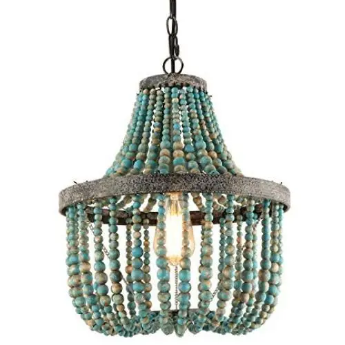 Giluta Wood Bead Chandelier Gray Blue Boho Style Hanging Bedroom Light Fixture Antique Pendant Ceiling Light for Nursery Room Girl Room Playroom. UL Listed